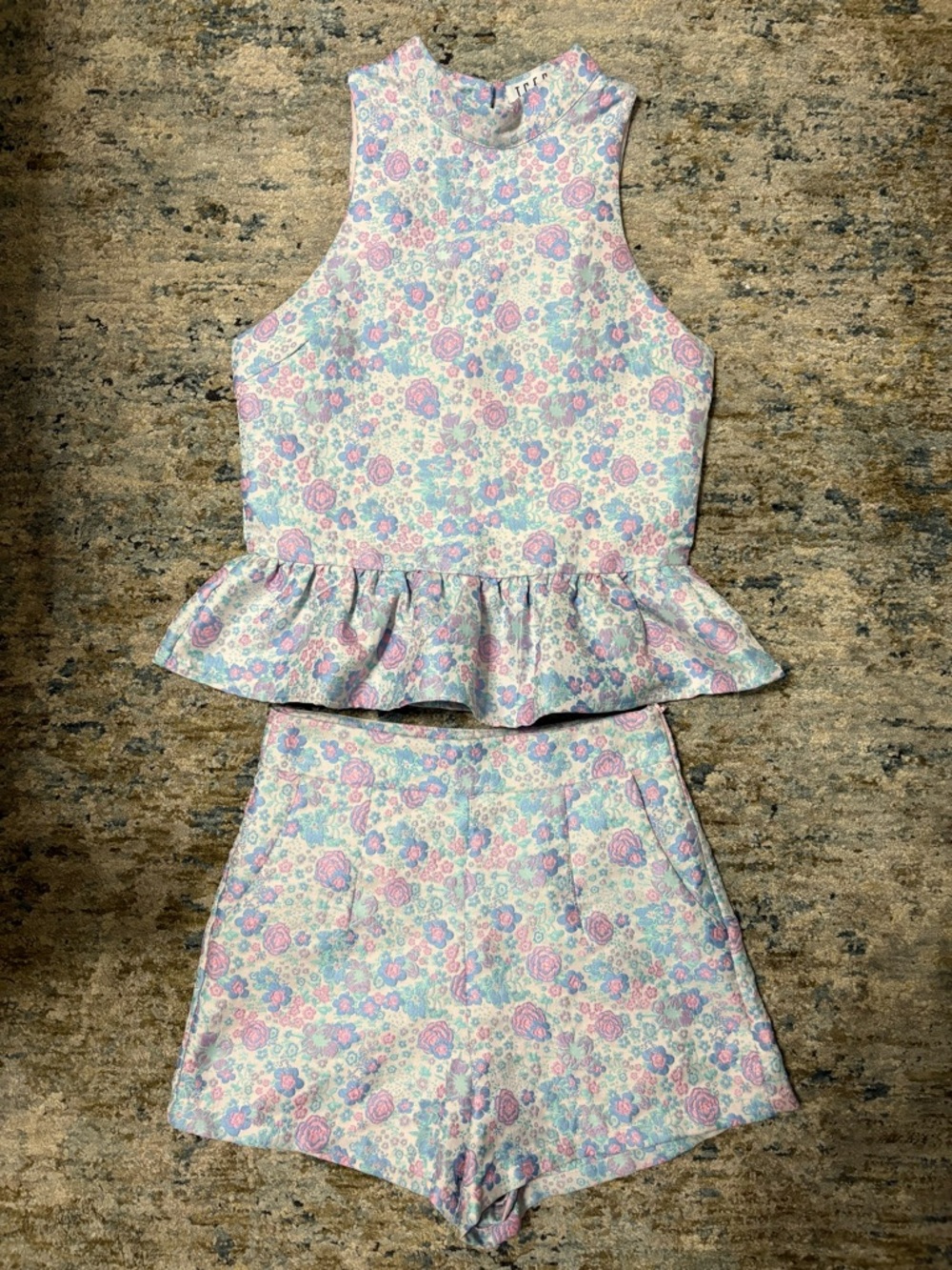 Floral Peplum Tank & Shorts Set - Pastel Pink, Blue & Mint